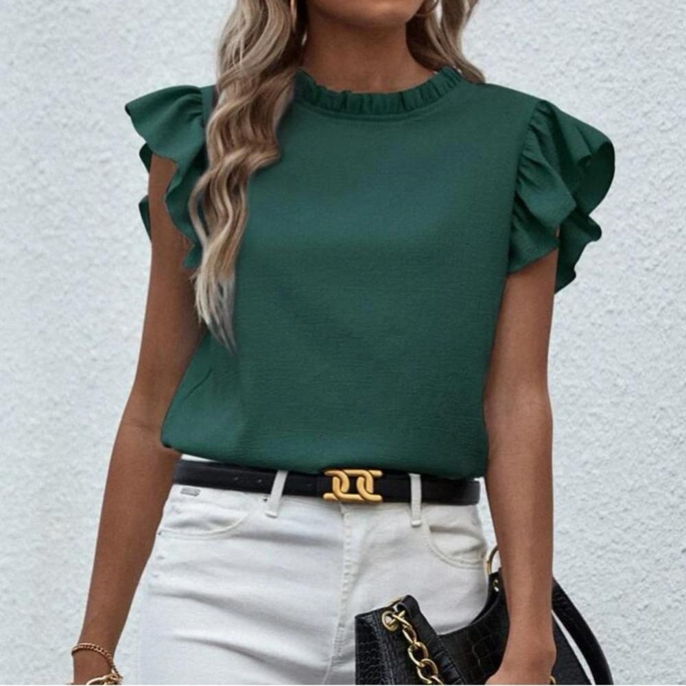 Green butterfly sleeve ruffle blouse - Picture 3 of 10